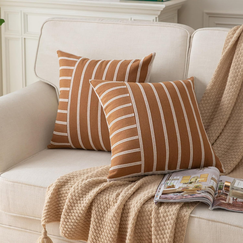 Caflife Boho Throw Pillow Covers 18x18 Set of 2 Soft Farmhouse Decorative Couch Pillow Cases Brown Striped Pillow Covers Neutral Cushion Covers for Sofa Bed Living Room Home Decor