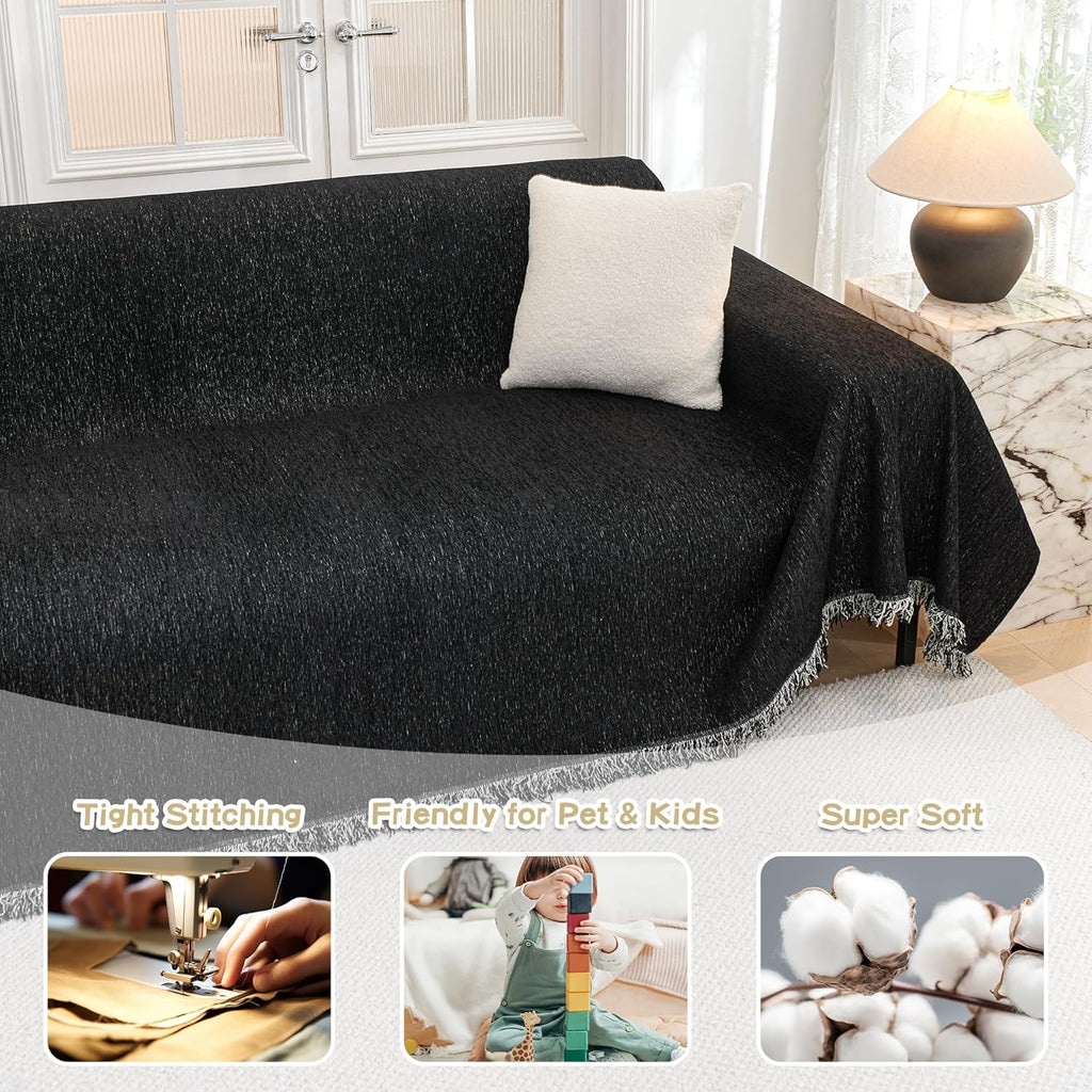 MYSKY HOME Couch Cover for Dogs Washable Couch Covers for 3 Cushion Couch Sofa Super Soft Sofa Slipcover Non Slip Sofa Cover, Chenille Sofa Covers for Dogs, Furniture Protector, 71"x150", Black