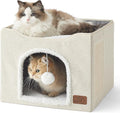 Bedsure Cat Beds for Indoor Cats - Large Cat Cave for Pet Cat House with Fluffy Ball Hanging and Scratch Pad, Foldable Cat Hideaway, 16.5x16.5x13 inches, Ivory