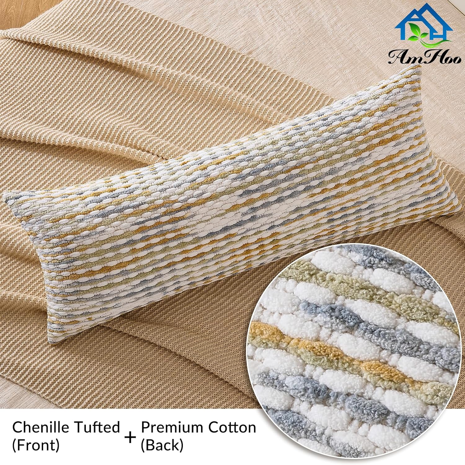 AmHoo Boho Chenille Pillow Cover Decorative Tufted Pillowcase for Couch Bed Sofa Bedroom Living Room Modern 14 x 36-Inch Grey