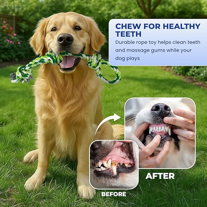 Dog Rope Toys, Heavy Duty Chew Toy for Large Dogs, 2-Pack Durable Tug of War Toys, 100% Cotton, Safe & Washable, Great for Teeth Cleaning, (Blue/White and Green/White/Green)