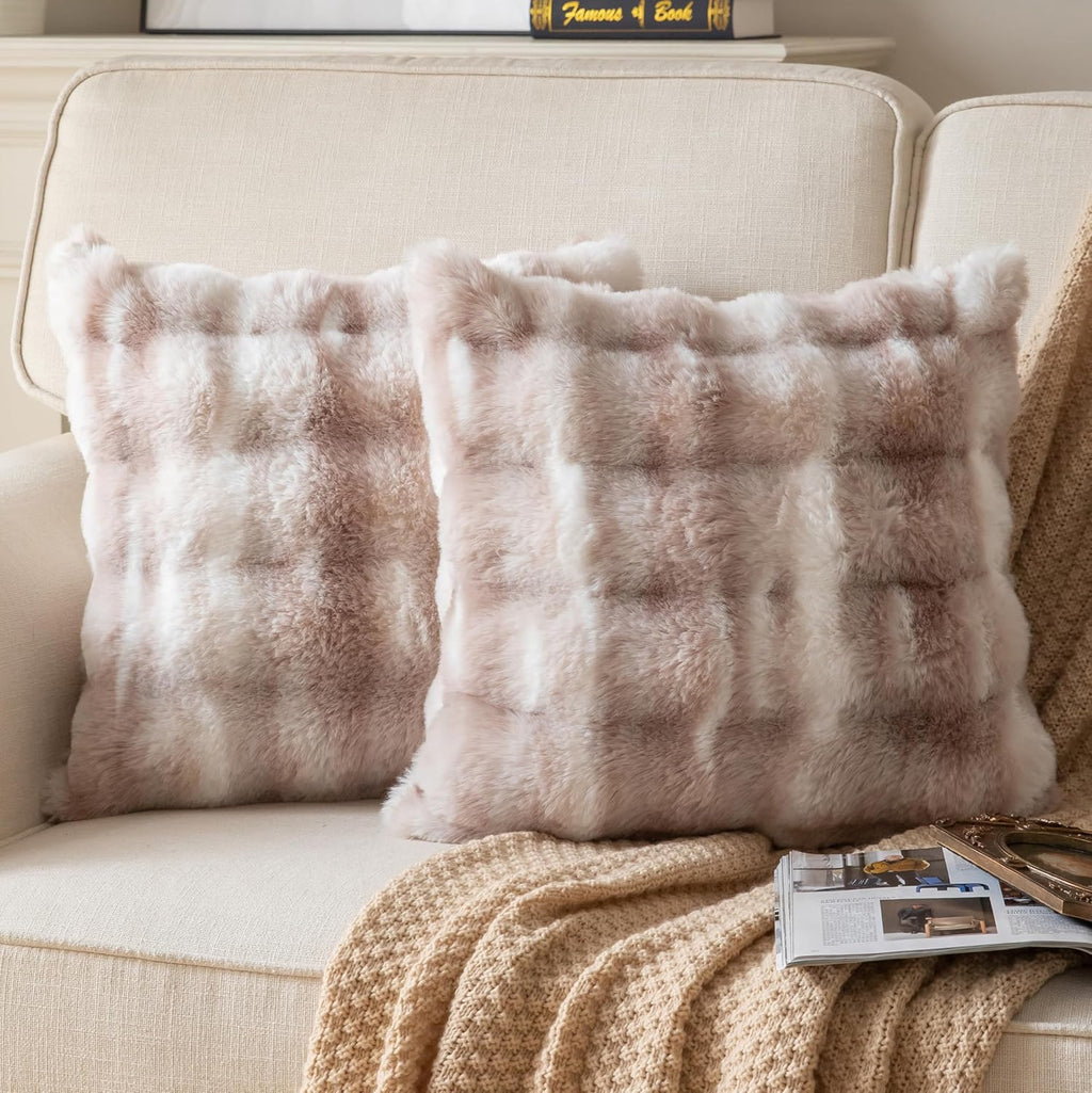 Pack of 2 Thick Plush Throw Pillow Covers Fluffy Wave Faux Fur Decorative Cushion Covers Soft Wool Pillowcase for Sofa Couch Livingroom 16x16 Inch White Taupe