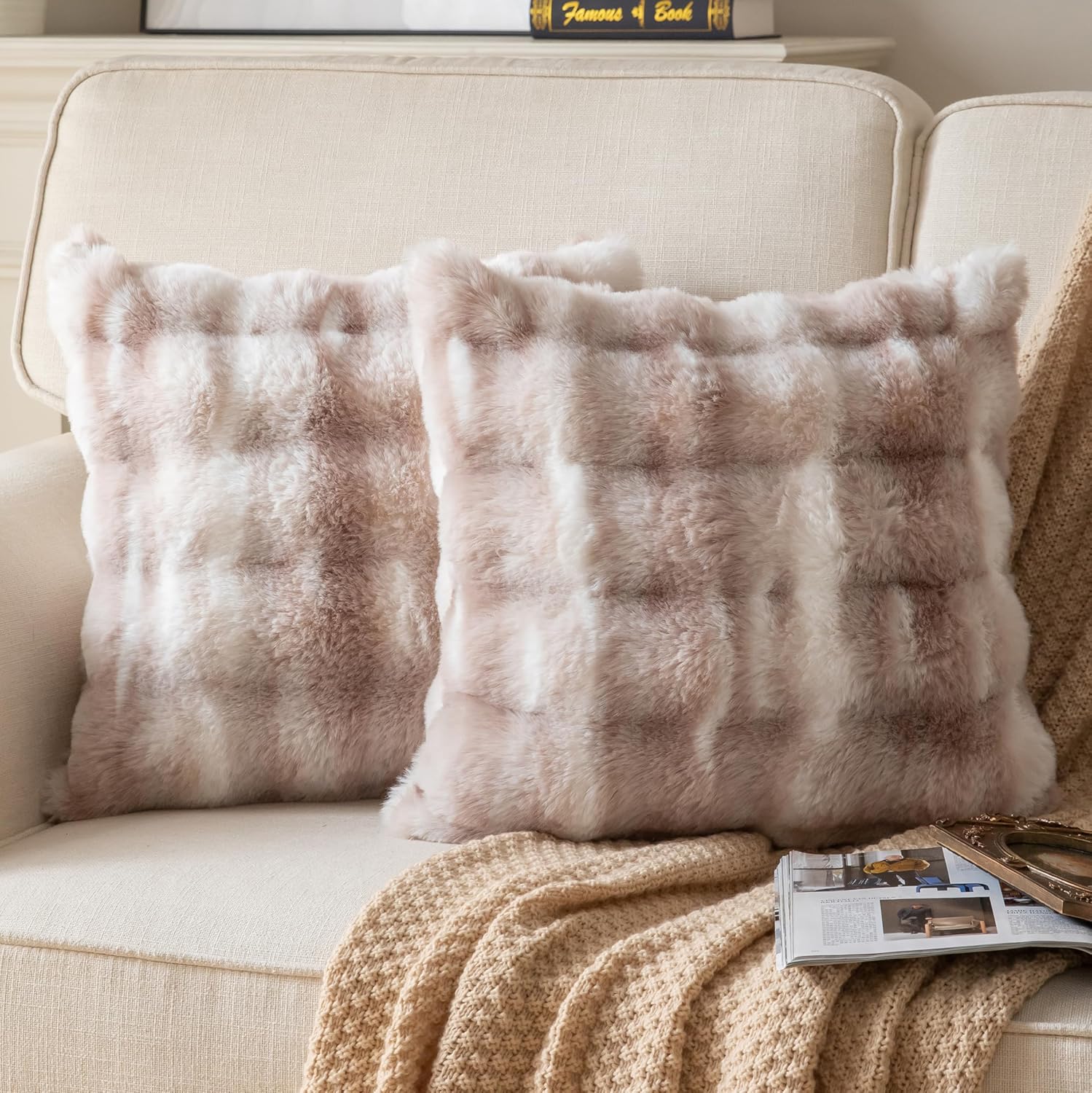 Pack of 2 Thick Plush Throw Pillow Covers Fluffy Wave Faux Fur Decorative Cushion Covers Soft Wool Pillowcase for Sofa Couch Livingroom 22x22 Inch White Taupe