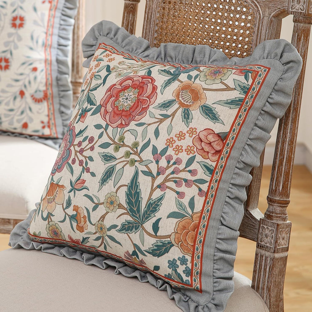 Orange Throw Pillow Covers,Cottage Rustic with Blooming Floral Pattern Linen Pillowcases,Decorative Square Pillows Cushion Covers for Couch Sofa Bed Chair Car,18x18 Inches