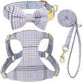 Beirui Cute Extra Small Dog Harness Collar and Leash Set with Bowtie, Soft Adjustable Plaid Puppy Harness for Small Sized Dogs Cats Walks Parties and Photoshoots(Blue,XS:Chest 13-18")