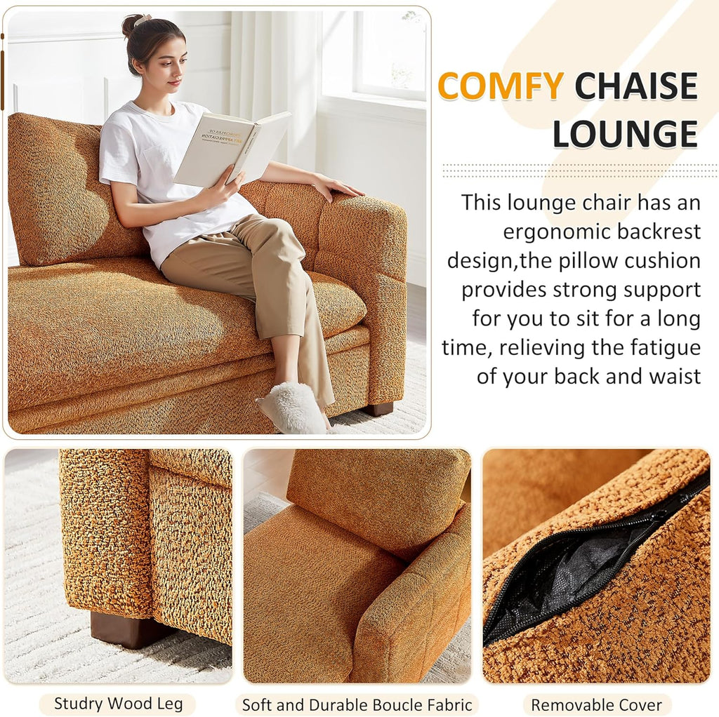 VANOMi Oversized 70.47'' Chaise Lounge Chair Indoor with Storage Space, Modern Upholstered Sofa Bed with Thick Cushion and Left Armrest, Boucle Leisure Recliner for Living Room, Bedroom, Office, Curry