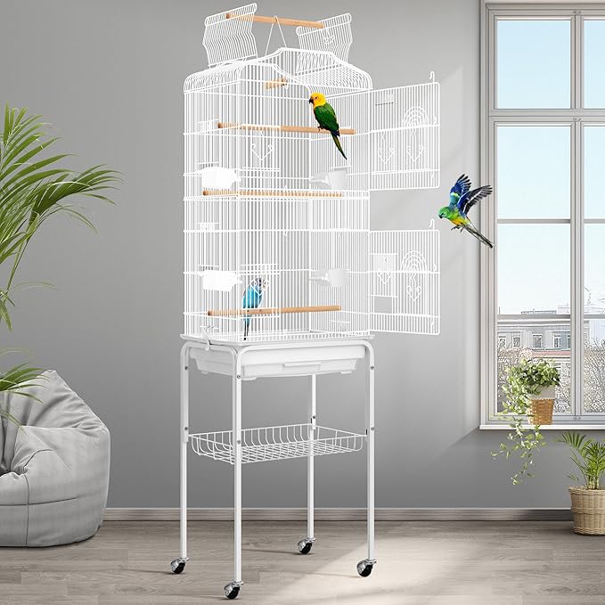VIVOHOME 64 Inch Bird Cage with Play Top and Rolling Stand for Parrots Conures Lovebird Cockatiel Parakeets White