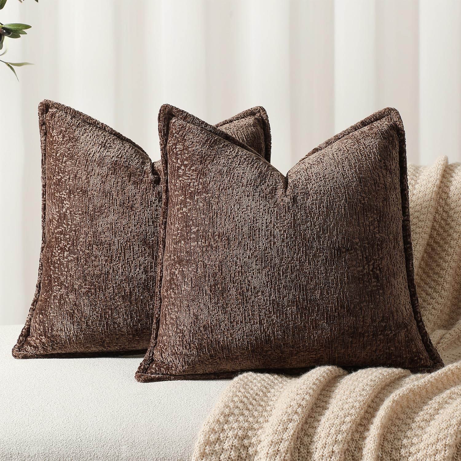 Pack of 2 Chocolate Brown Decorative Throw Pillow Covers 22x22 Cozy Soft Chenille Accent Vintage Square Couch Pillow Covers for Home Decor Bed Sofa Living Room