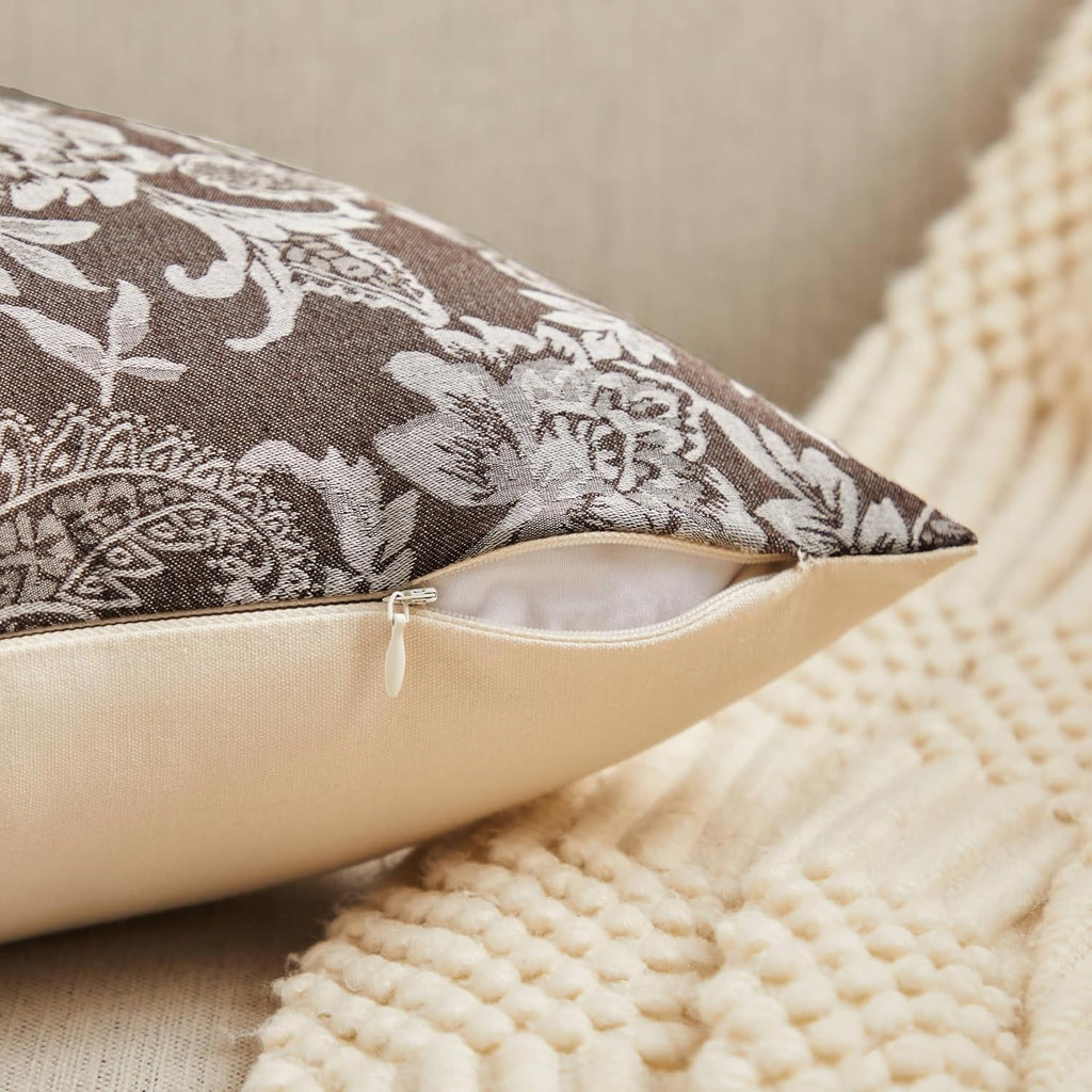 Floral Jacquard Throw Pillow Covers Set of 2, Background/Chocolate 18x18 Inch, Farmhouse Decorative Cotton Dark Brown Cushion Covers for Sofa Bed Living Room Home Decor