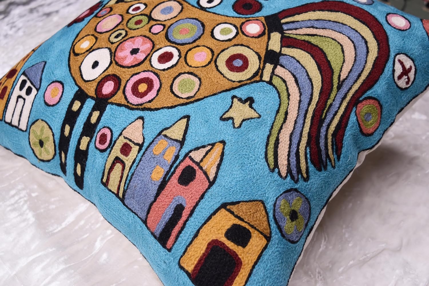 Turquoise Rooster Accent Pillow Cover Bird Cockerel Decorative Pillowcase Karla Gerard Farmhouse Sofa Cushions Hand Embroidered Wool 18x18 Inch