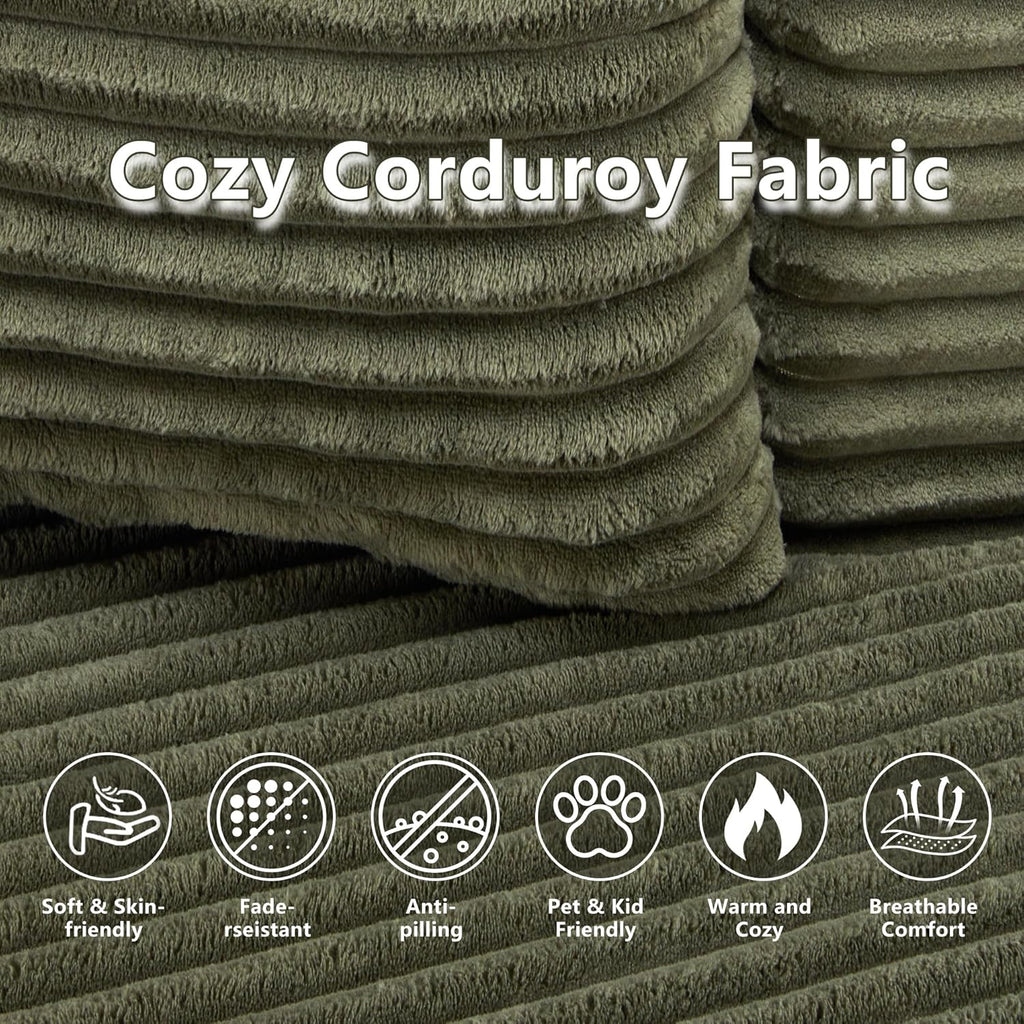 55.11" W Oversized Round Chaise Lounge Chair, Deep Seat Corduroy Cloud with Pillows, Moveable Ottoman and Blanket– Comfy Circle Loveseat Sofa Chair for Living Room or Bedroom (Green)