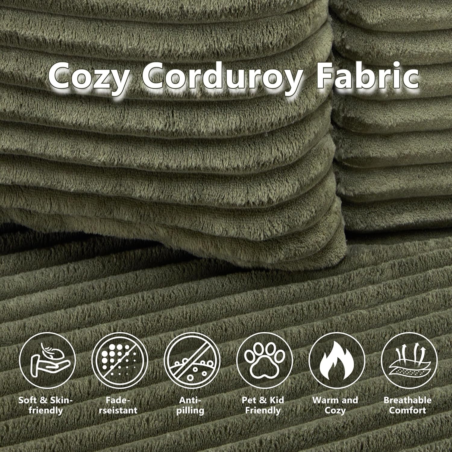 55.11" W Oversized Round Chaise Lounge Chair, Deep Seat Corduroy Cloud with Pillows, Moveable Ottoman and Blanket– Comfy Circle Loveseat Sofa Chair for Living Room or Bedroom (Green)