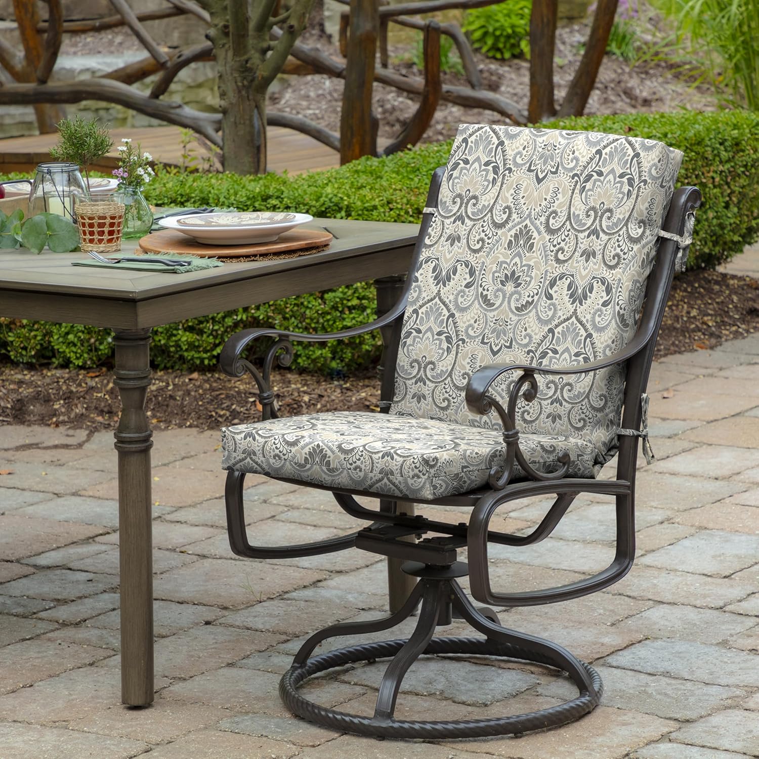 Arden Outdoor Midback Chair Cushion, 18 x 16.5, Rain-Proof, Fade Resistant Neutral Aurora Damask