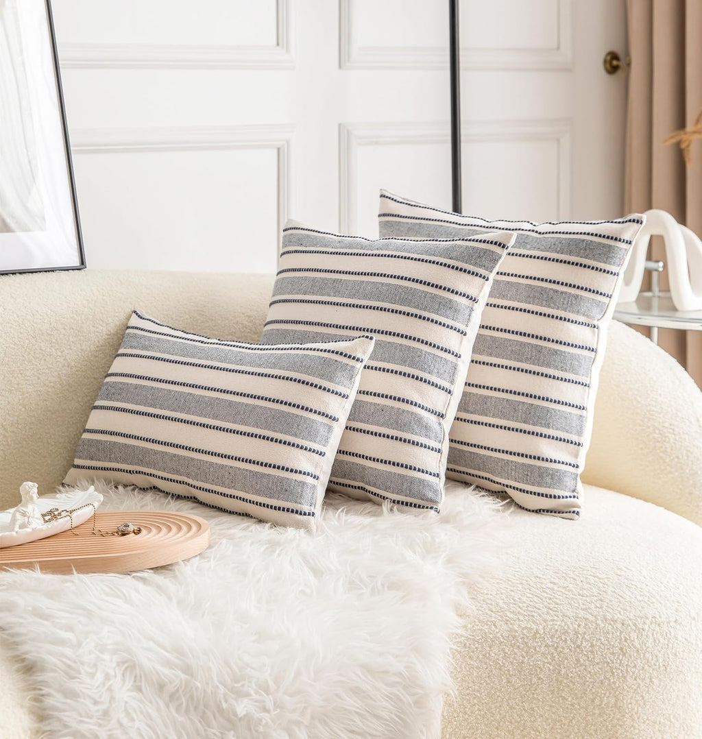 Decorative Boho Throw Pillow Covers, Farmhouse Textured Pillow Case, 18 x 18 Inch Set of 2, Chair Sofa Bedroom Living Room Decor Couch Cushion Case, Navy Blue and Beige Striped