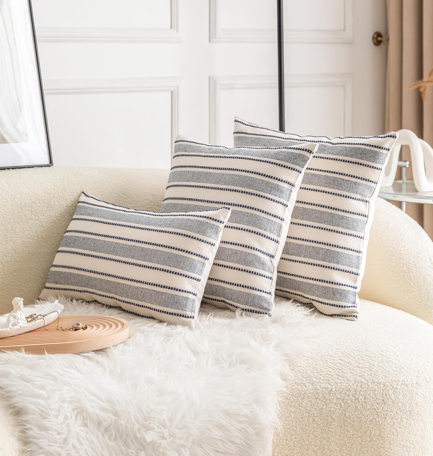 Decorative Boho Throw Pillow Covers, Farmhouse Textured Pillow Case, 18 x 18 Inch Set of 2, Chair Sofa Bedroom Living Room Decor Couch Cushion Case, Navy Blue and Beige Striped