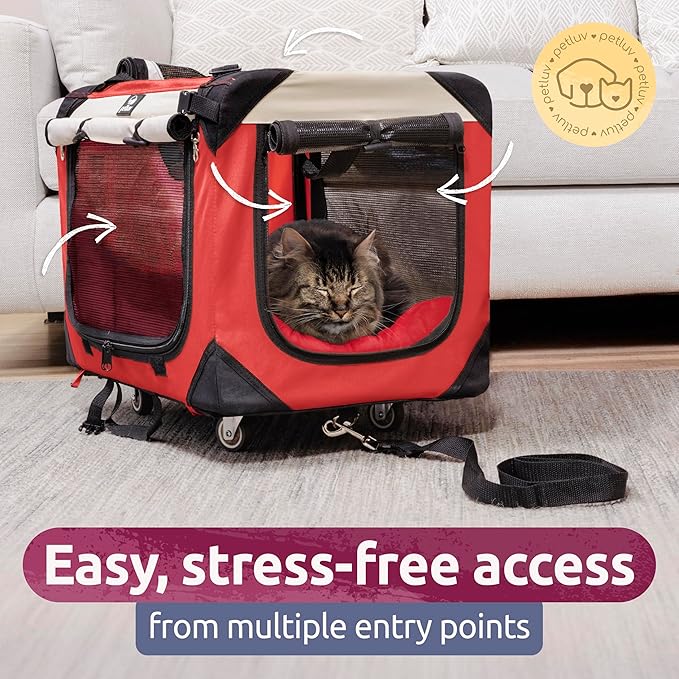 Large Cat Carrier on Wheels, Dog Carrier for 2 Cats or Medium Dog, Soft-Sided, Collapsible with Locking Zippers, Red