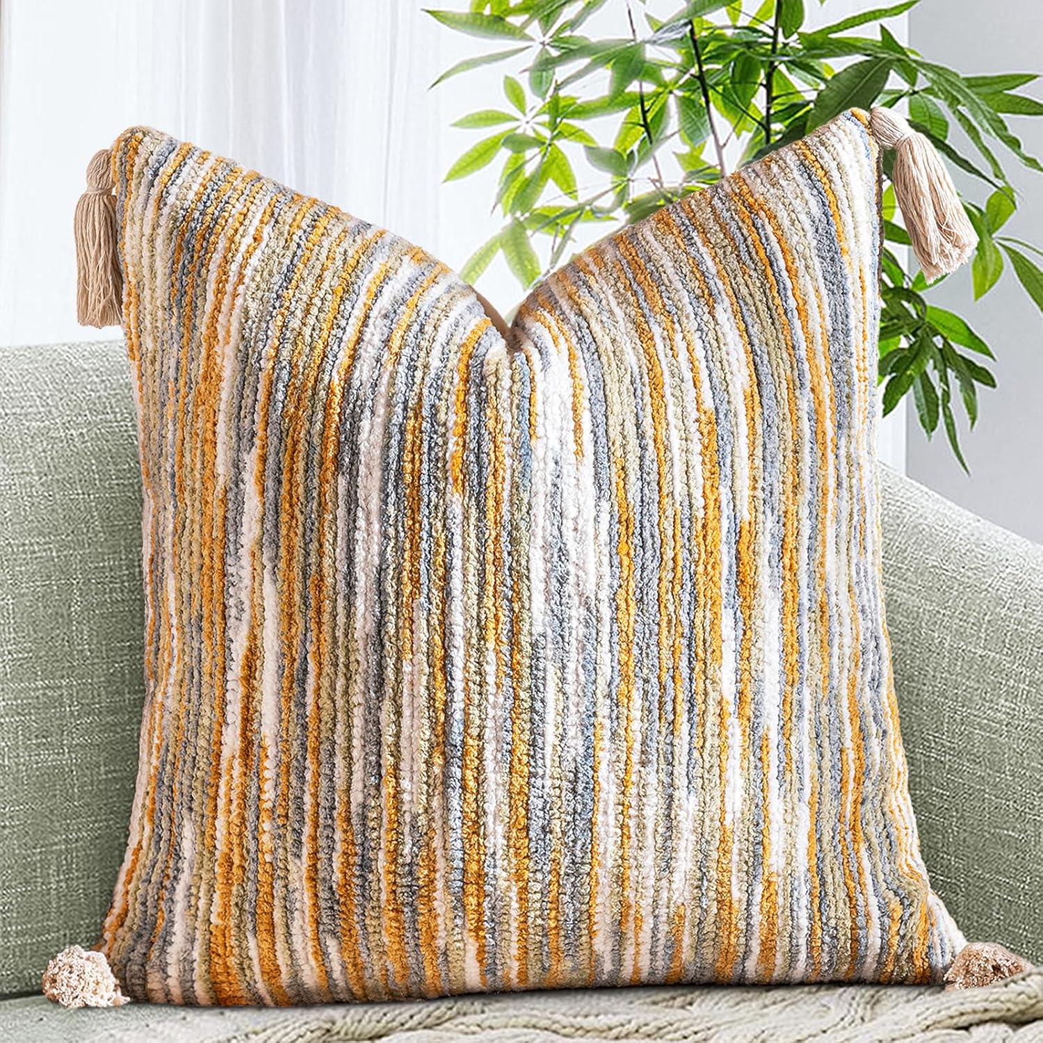 AmHoo Boho Throw Pillow Cover Decorative Bohemian Woven Tufted Striped Farmhouse with Tassels Textured Cushion Case Pillowcase Neutral for Sofa Couch Bed 18 x 18-Inch Light Grey