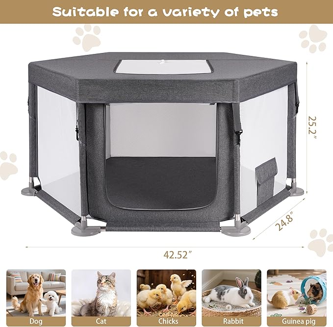 43"x43"x25" Dog Playpen, Pet Playpen for Small Dogs/Puppies & Cats, Puppy Playpen with Gate, Indoor & Outdoor Heavy-Duty Dog Fence with Thickened Fabric & Stainless Steel Pipes