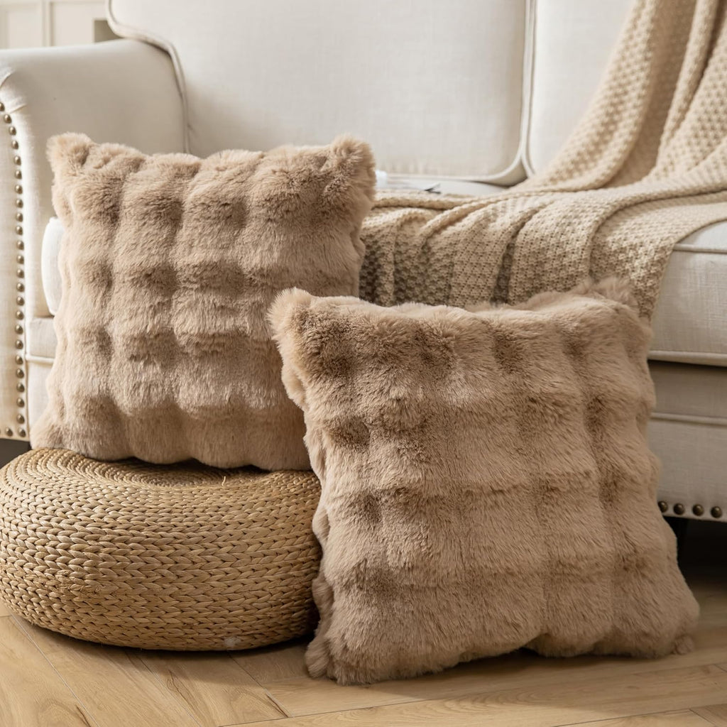 Pack of 2 Thick Plush Throw Pillow Covers Fluffy Wave Faux Fur Decorative Cushion Covers Soft Wool Pillowcase for Sofa Couch Livingroom 16x16 Inch Camel