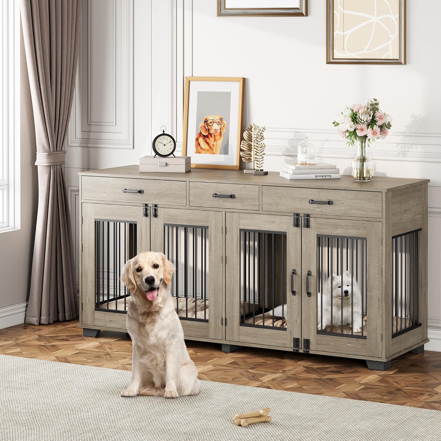 71 in Dog Crate Furniture for 2 Dogs, Wooden Double Dog Crate with 3 Drawers and Removable Room Divider, XXL Indoor Dog Kennel TV Stand End Table with Double Doors for Large Medium Dogs, Grey