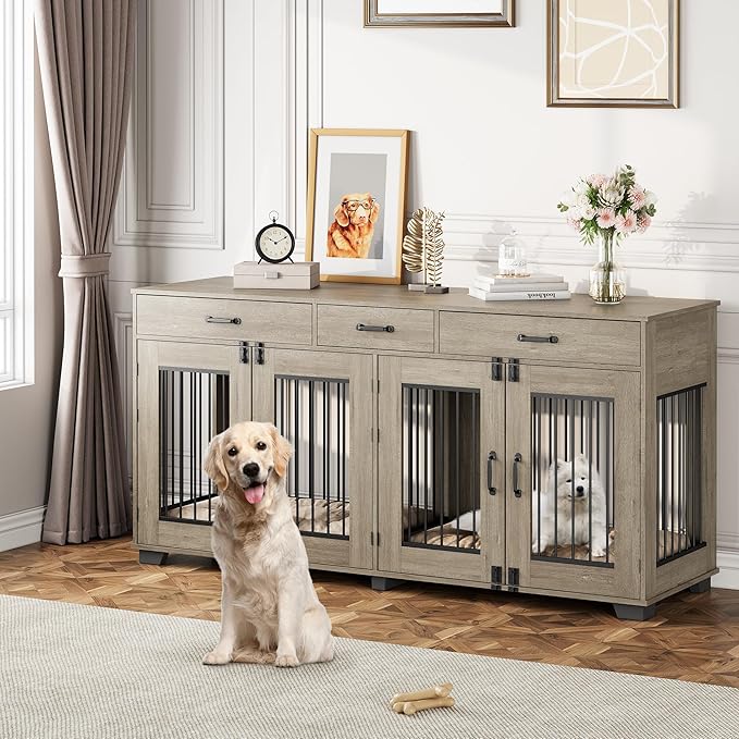 71'' Dog Crate Furniture, Wooden Indoor Dog Kennel for 2 Dogs with 3 Drawers and Removable Room Divider, XXL Double Dog Crate TV Stand End Table with Double Doors for Large Medium Dogs, Grey