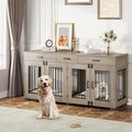 71'' Dog Crate Furniture, Wooden Indoor Dog Kennel for 2 Dogs with 3 Drawers and Removable Room Divider, XXL Double Dog Crate TV Stand End Table with Double Doors for Large Medium Dogs, Grey