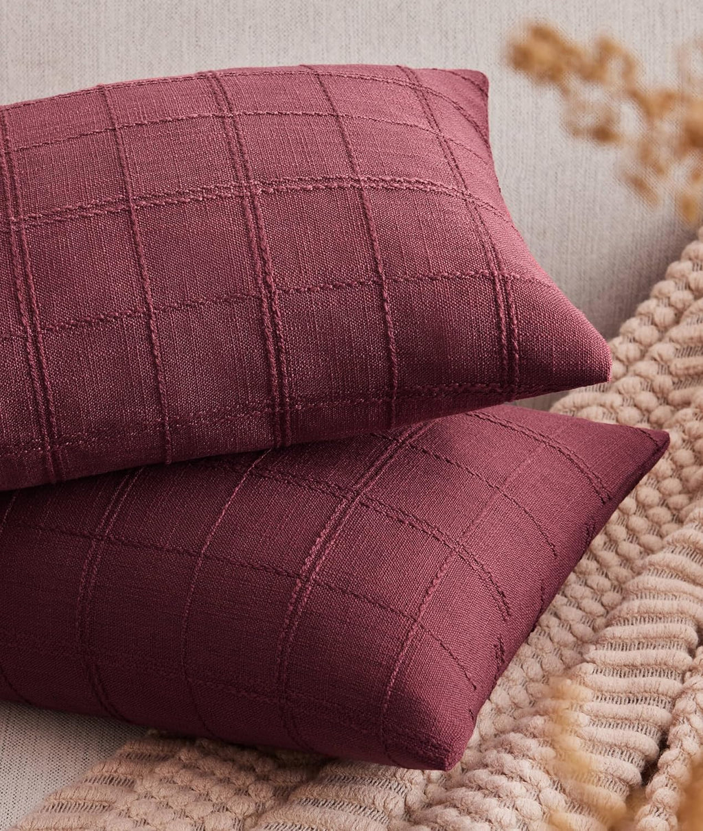 ZeeMart Linen Checked Lumbar Throw Pillow Covers Set of 2, 12x20 Inch Allover Grid Burgundy, Farmhouse Decorative Double Sided Grid Embroidered Couch Pillow Cases Red Cotton Linen Cushion Covers