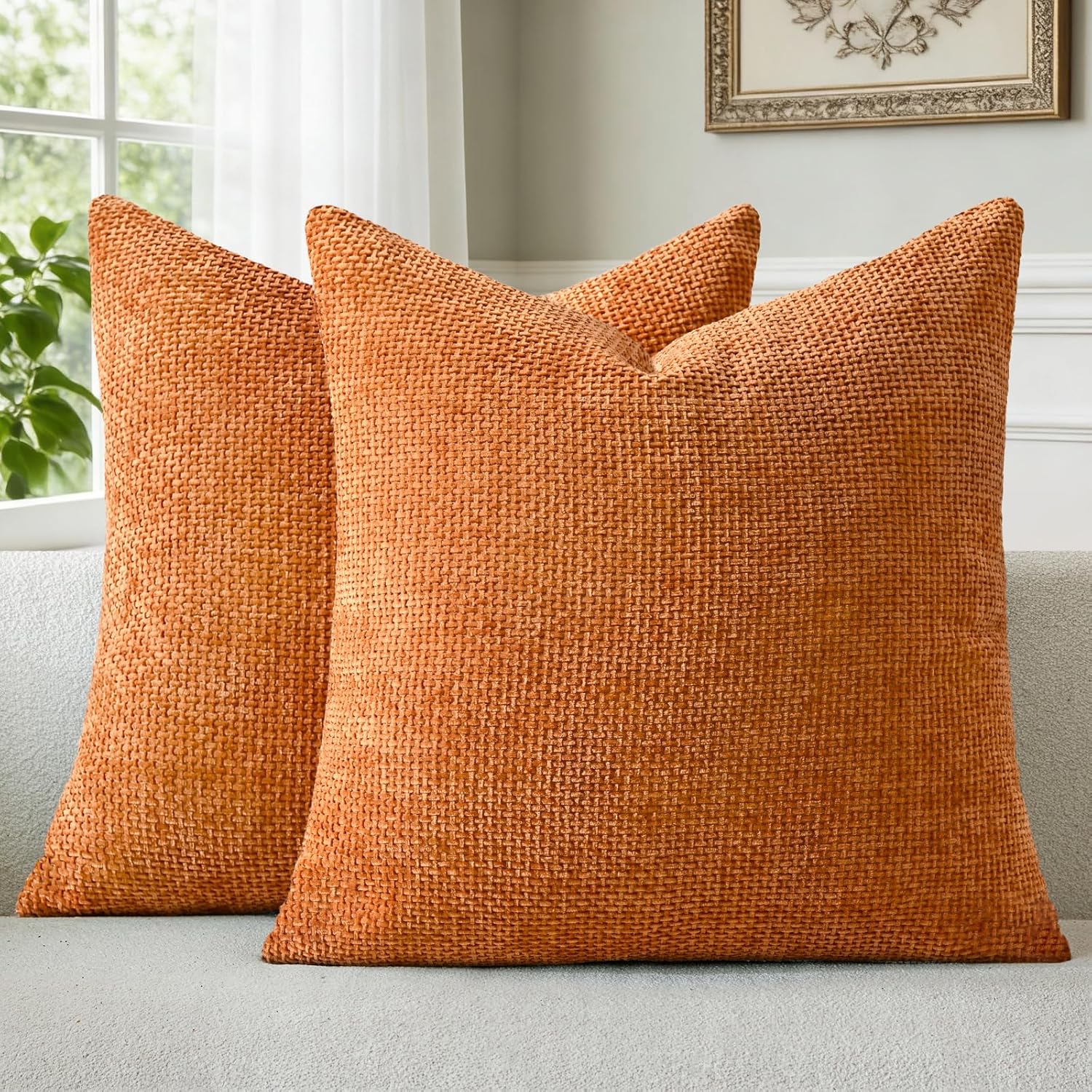 a moment Fall Orange Chenille Throw Pillow Covers 18x18 Inch Pack of 2 Modern Decorative Throw Pillow Covers Farmhouse Cross Covers Home Decor for Sofa Bedroom Living Room