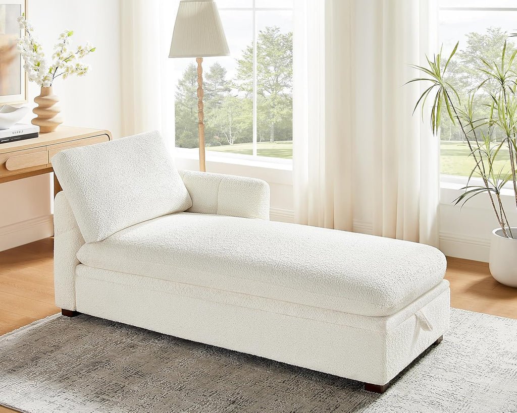VANOMi Oversized 70.47'' Chaise Lounge Chair Indoor with Storage Space, Modern Upholstered Sofa Bed with Thick Cushion and Left Armrest, Boucle Leisure Recliner for Living Room, Bedroom, Office, White