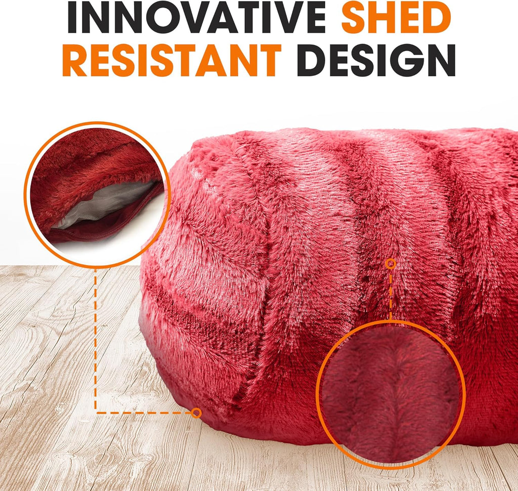 Cheer Collection Faux Fur Bolster Pillows – Soft Decorative Cylinder Pillows for Bed or Couch, Machine Washable – 8” x 24”, Set of 2, Maroon