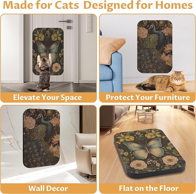 2 Pack Art Cat Scratcher, Wall-Mountable Cat Scratch Pad, Wall Cat Scratcher 16.7x11x1 Inch Cat Scratching Board for Indoor Cats Toy(Butterfly &Peacock)