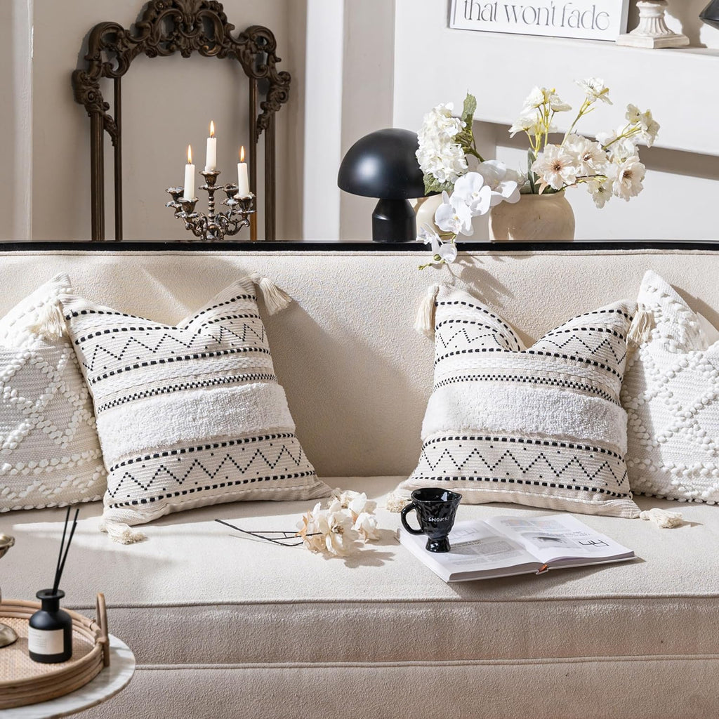 BlissBlush Decorative Throw Pillow Cover 20x20 Combo Set of 2 Square Boho Black Neutral Accent Pillowcase Tassels Farmhouse Cushion for Couch Sofa Bedroom Living Room Home Décor Cover ONLY