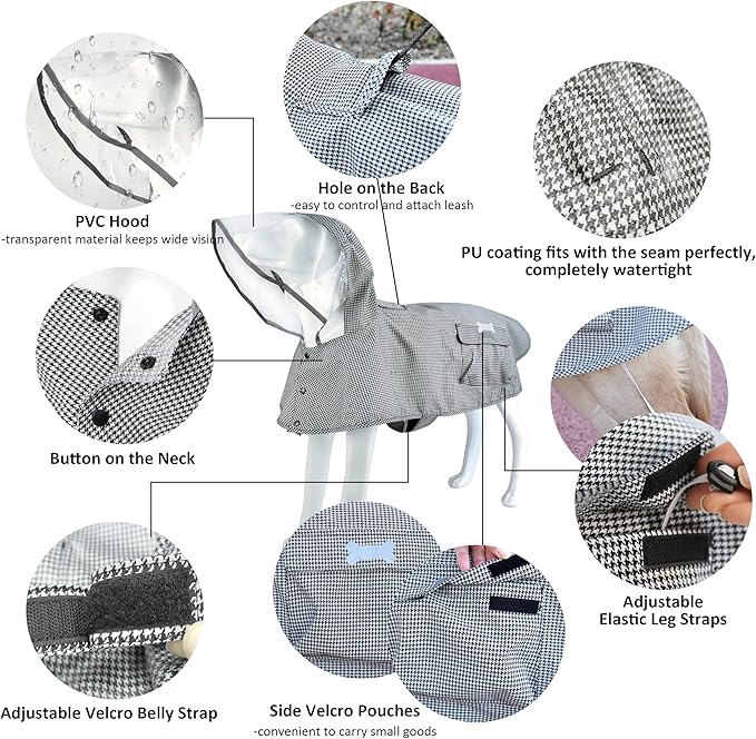 Waterproof Dog Raincoat, Adjustable Reflective Lightweight Pet Rain Clothes with Poncho Hood(Large,Black&White)