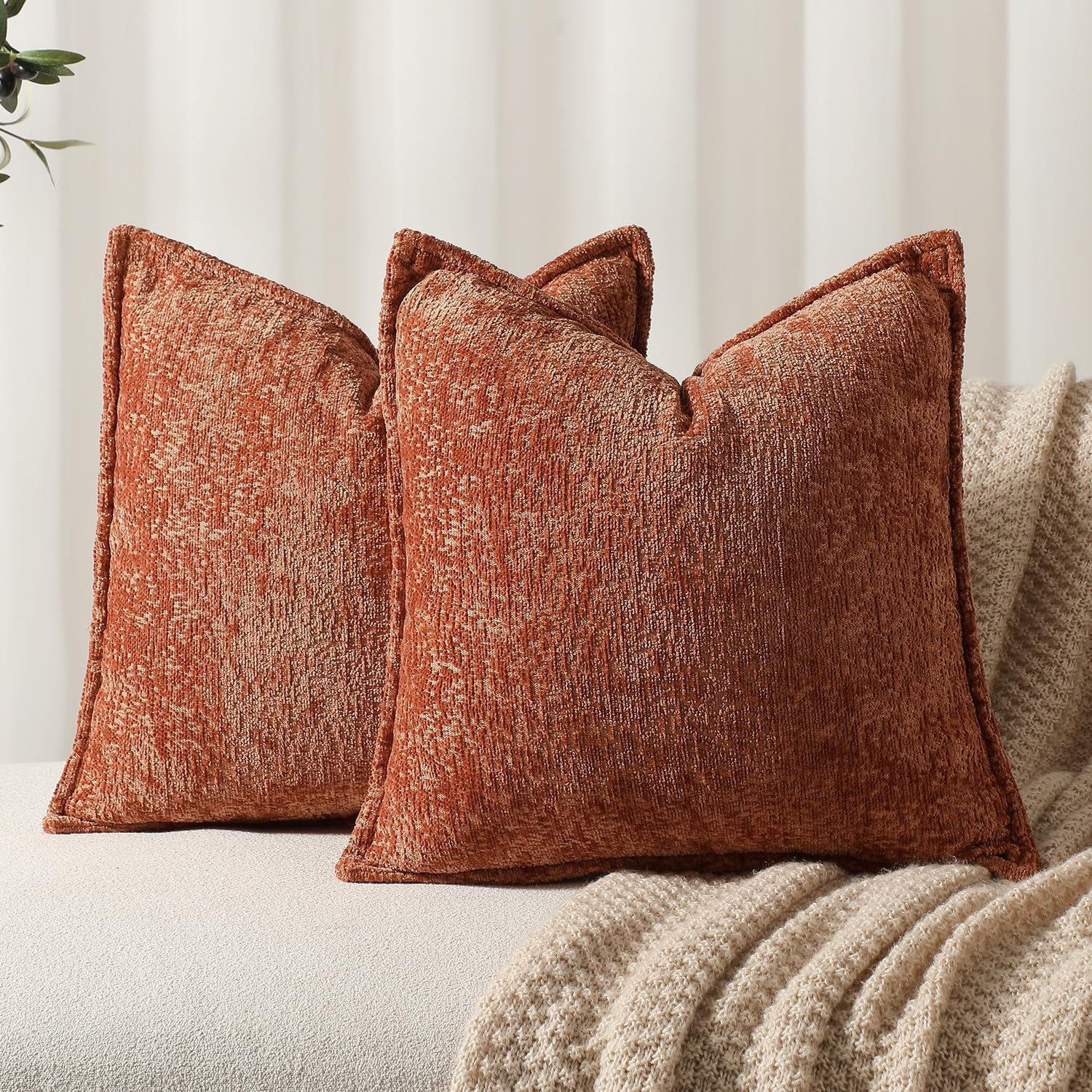 Pack of 2 Burnt Orange Fall Euro Shams Pillow Covers 26x26 Cozy Soft Chenille Decorative Throw Pillow Covers Accent Vintage Square Couch Pillow Covers for Home Decor Bed Sofa Living Room