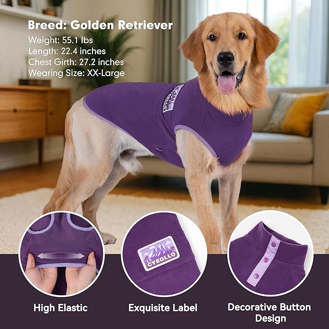 cyeollo 2XL Fleece Dog Sweater, Stretchy Pullover Fleece Vest with Turtleneck Dog Sweatshirt Warm Winter Clothes for Medium to Large Dogs Boy Girl Pet Apparel, Purple XXL