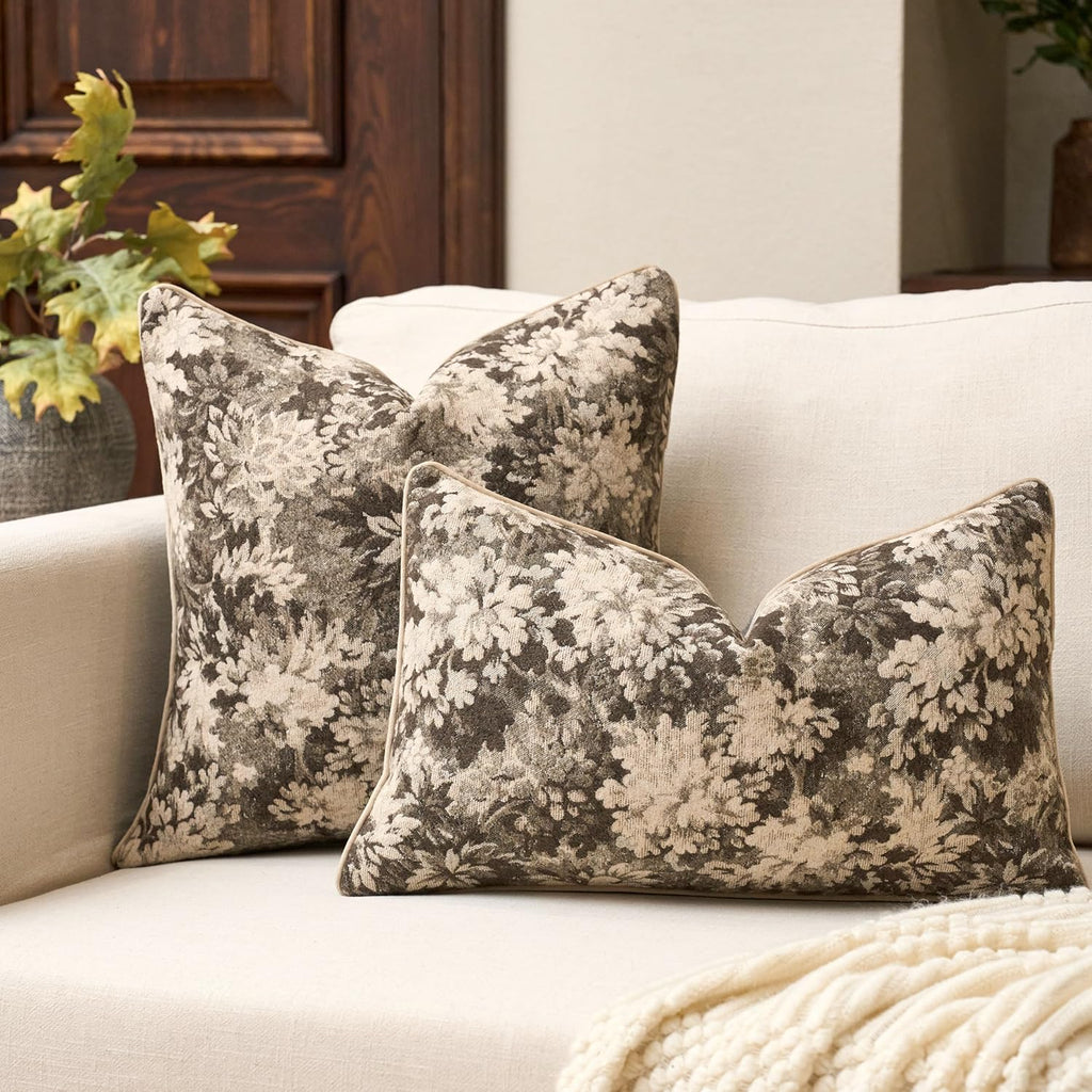 Yangest Neutral Floral Pillow Cover 20 x 20 Inches, Vintage Chenille Square Throw Pillow Cover Soft Decorative Farmhouse Accent Couch Pillow Cover for Living Room Bedroom, Grey