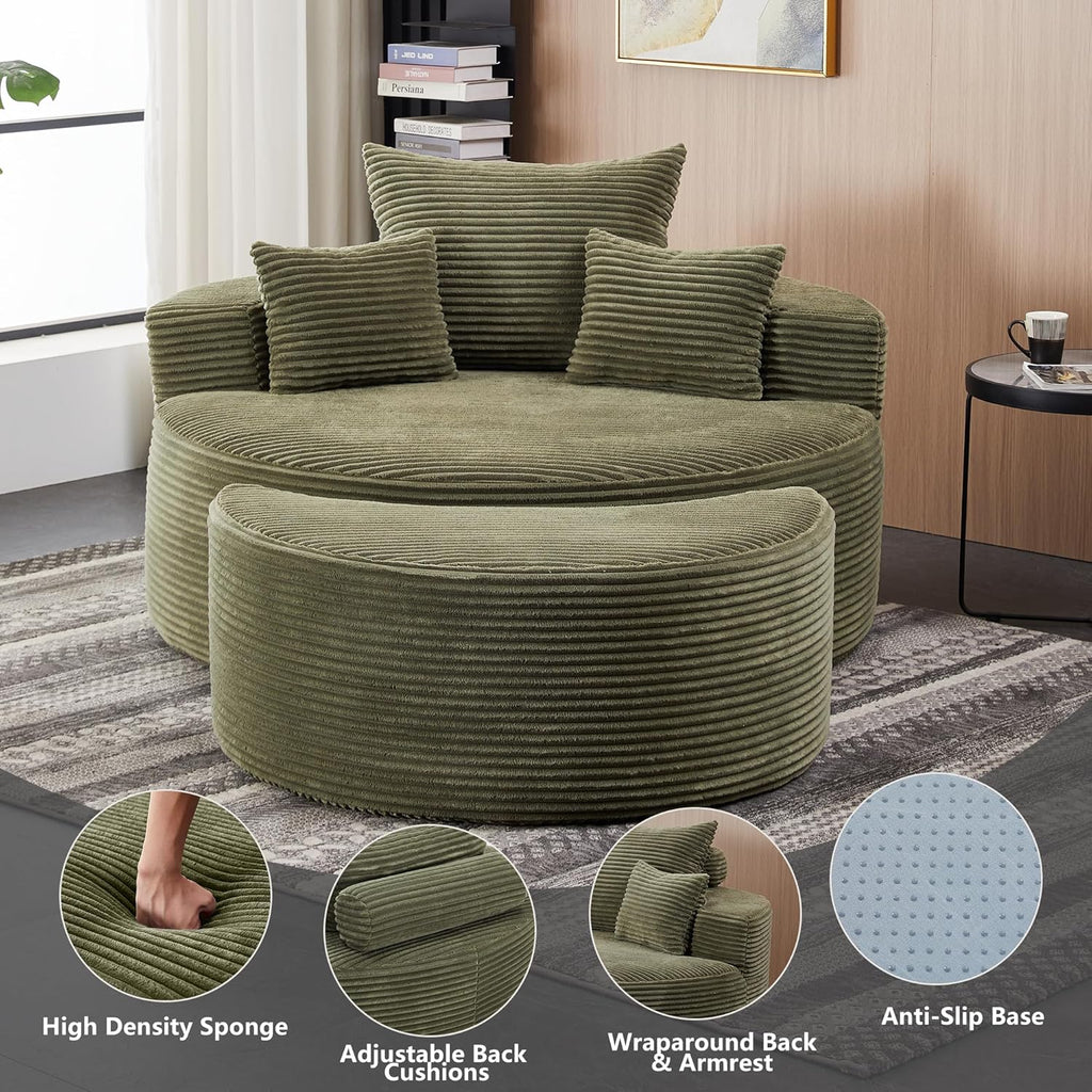55.11" W Oversized Round Chaise Lounge Chair, Deep Seat Corduroy Cloud with Pillows, Moveable Ottoman and Blanket– Comfy Circle Loveseat Sofa Chair for Living Room or Bedroom (Green)