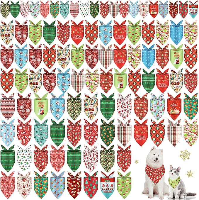 100 Pcs Christmas Dog Bandanas Bulk 3 Sizes Dog Washable Bandana Adjustable Washable Xmas Scarf for Christmas Holiday Small Medium Large Pet Supplies