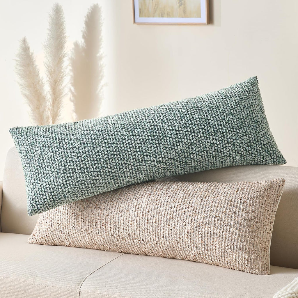 Decorative Lumbar Pillow Cover 14x36 Beige Striped Wool Long Body Pillow Neutral Textured Boho Lumbar Throw Pillow Cushion Covers for Modern Farmhouse Sofa Bed Living Room Decor SY011-A14