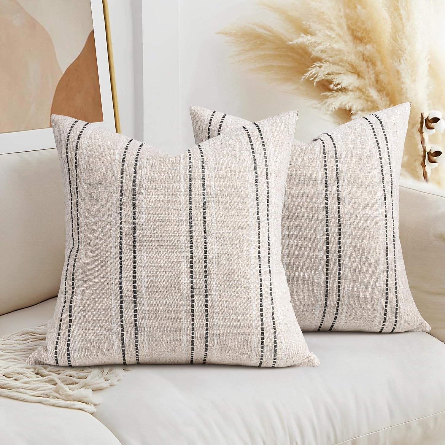 AELS 20x20 Decorative Farmhouse Linen Throw Pillow Covers, Boho Textured Pillow Case, Set of 2, Beige with White & Black Stitch Yarn Dyed Stripe Cushion Cover for Sofa Couch Living Room (Cover ONLY)
