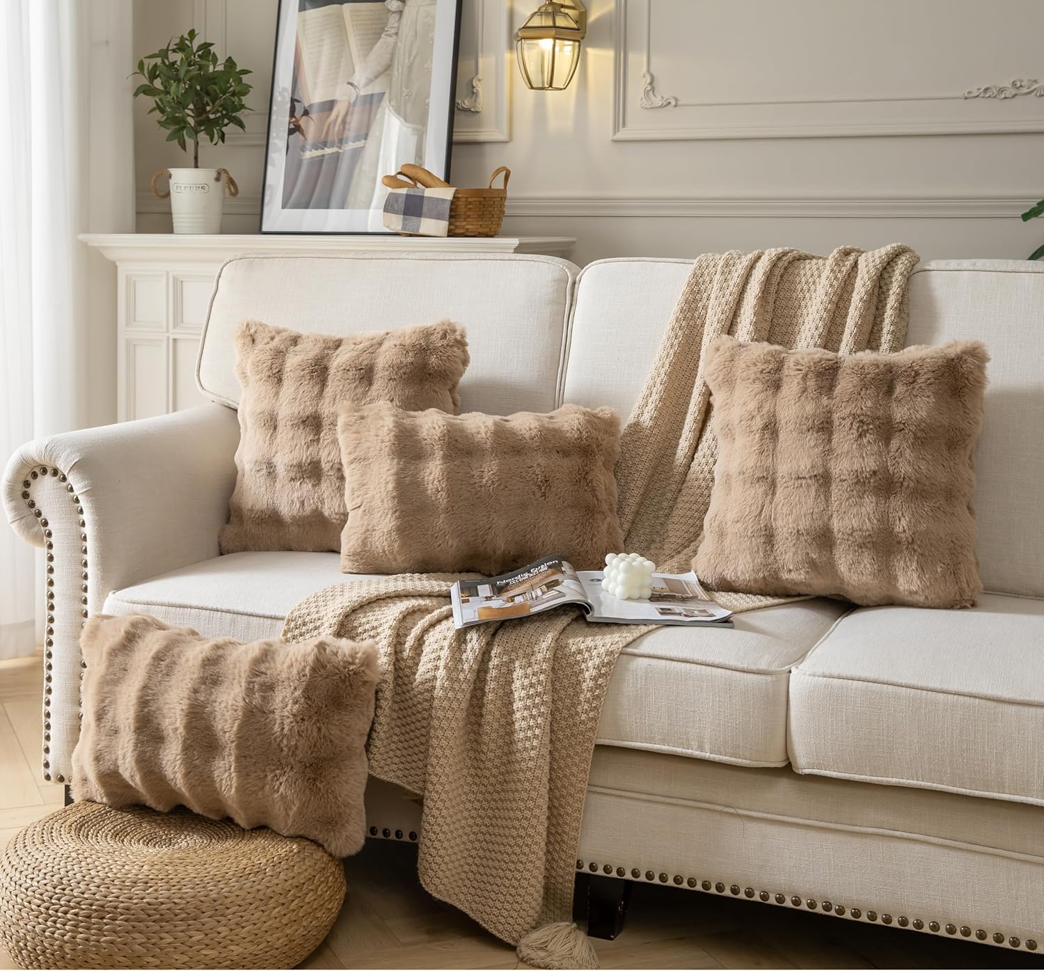 Pack of 2 Thick Plush Throw Pillow Covers Fluffy Wave Faux Fur Decorative Cushion Covers Soft Wool Pillowcase for Sofa Couch Livingroom 24x24 Inch Camel