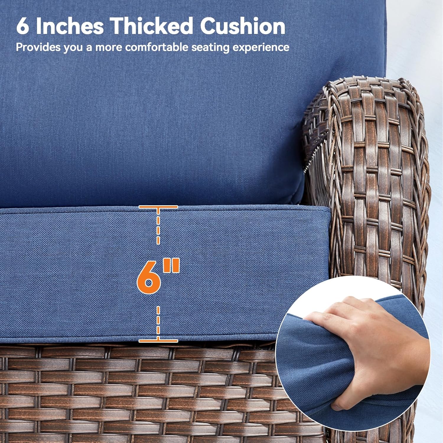 Luxury 6" Outdoor Cushions for Patio Furniture, 24x24x6" Thick Seat Cushion Set of 4, Fade Resistant Couch Chair Replacement Cushions High Density Deep Wicker Chair Cushion w/ Removable Cover, Blue