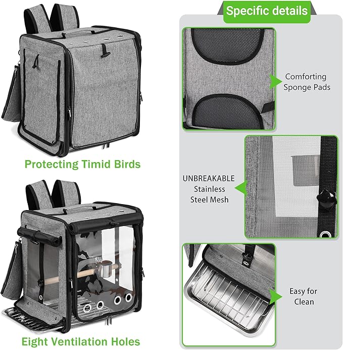 Sanmoncare Bird Carrier for Car Travel with Seat Belt, Indestructible Stainless Steel Mesh Parrot Backpack Travel Cage