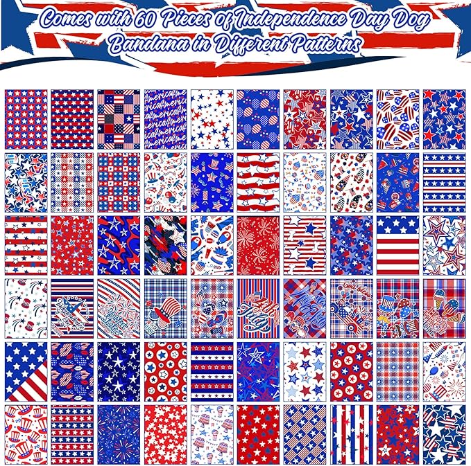 60 Pcs Dog Bandanas Bulk American Flag Pet Scarf Holiday Puppy Bandanas Washable Adjustable Patriotic Dog Bandana for Sport Event Parade Labor Day Patriot Day Small Medium Large Pet Grooming