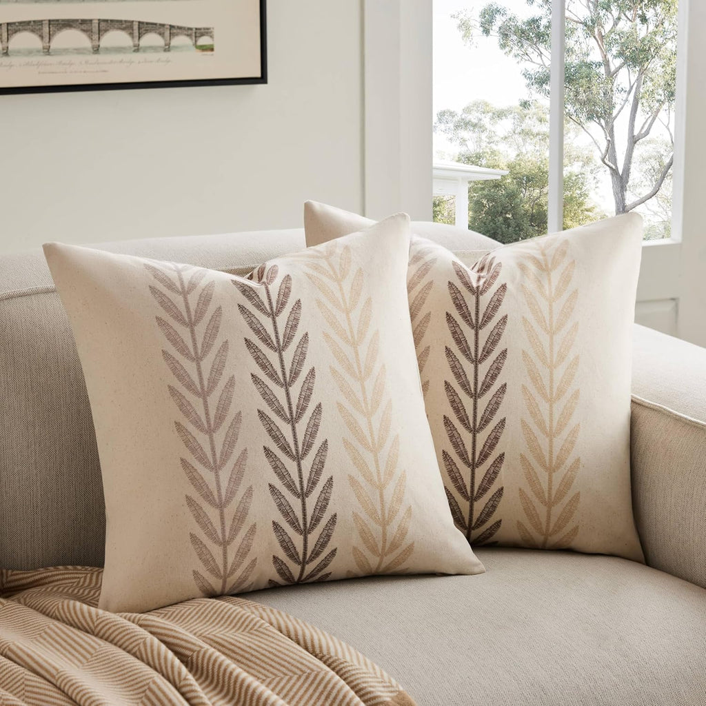 100% Cotton Farmhouse Leaves Throw Pillow Covers Set of 2, 20x20 Inch Mixed Beige Pastoral Decorative Print Cushion Covers for Sofa Bed Living Room Home Decor