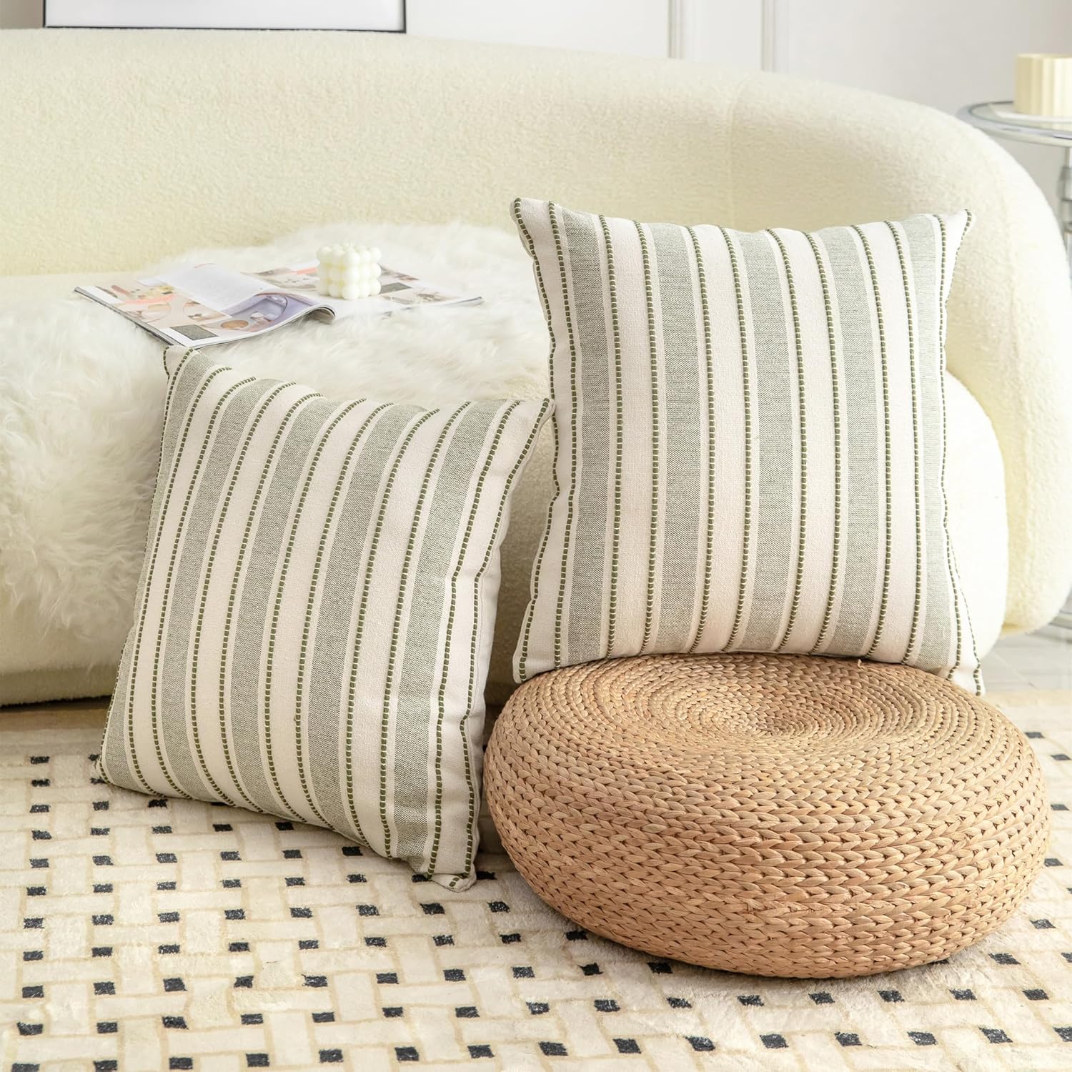 Decorative Boho Throw Pillow Covers, Farmhouse Textured Pillow Case, 20 x 20 Inch Set of 2, Chair Sofa Bedroom Living Room Home Decor Couch Cushion Case, Olive Green and Beige Striped