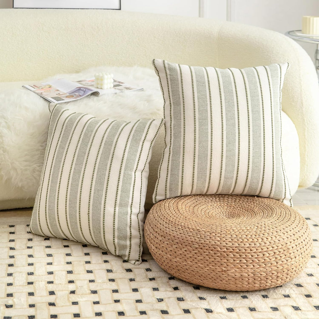 Decorative Boho Throw Pillow Covers, Farmhouse Textured Pillow Case, 18 x 18 Inch Set of 2, Chair Sofa Bedroom Living Room Home Decor Couch Cushion Case, Olive Green and Beige Striped