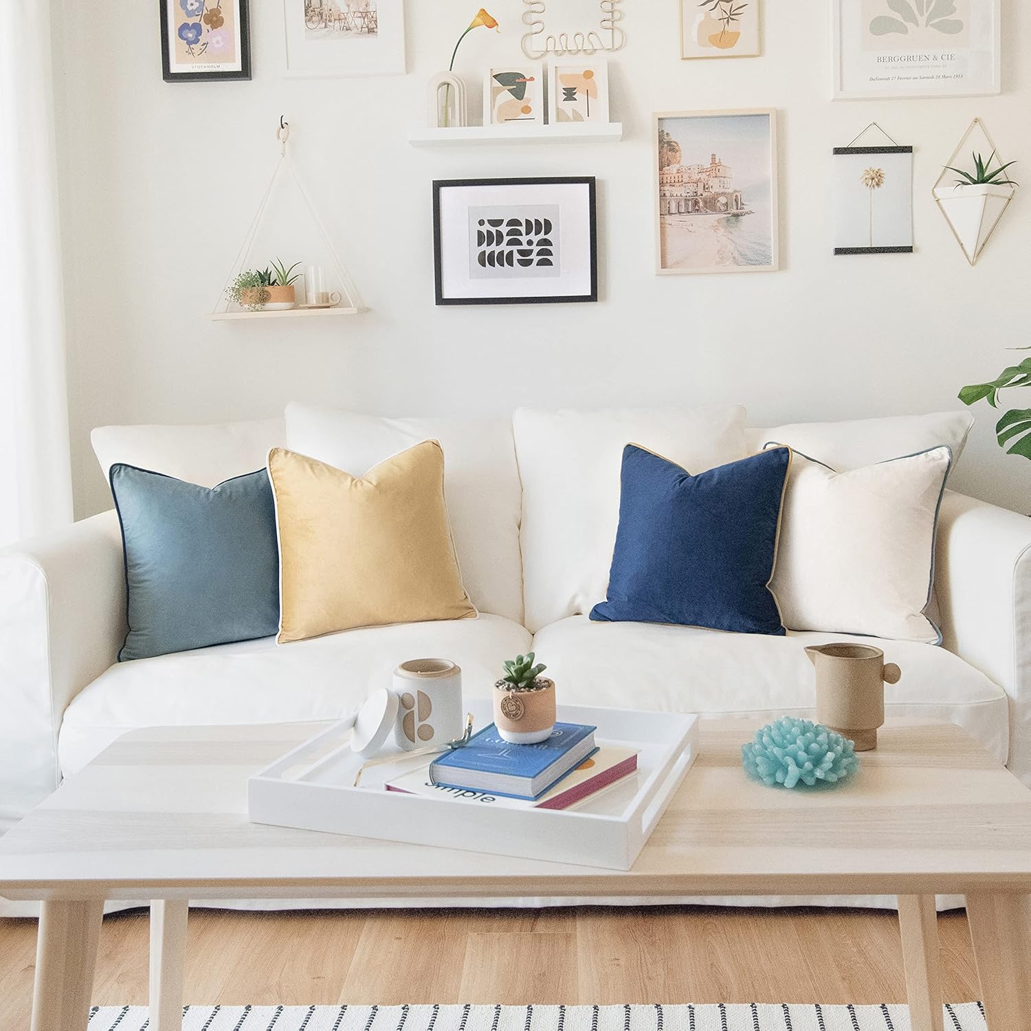 MONDAY MOOSE Decorative Throw Pillow Covers Cushion Cases, Set of 4 Soft Velvet Modern Double-Sided Designs, Mix and Match for Home Decor, Pillow Inserts Not Included (18x18 inch, Blue/Beige)