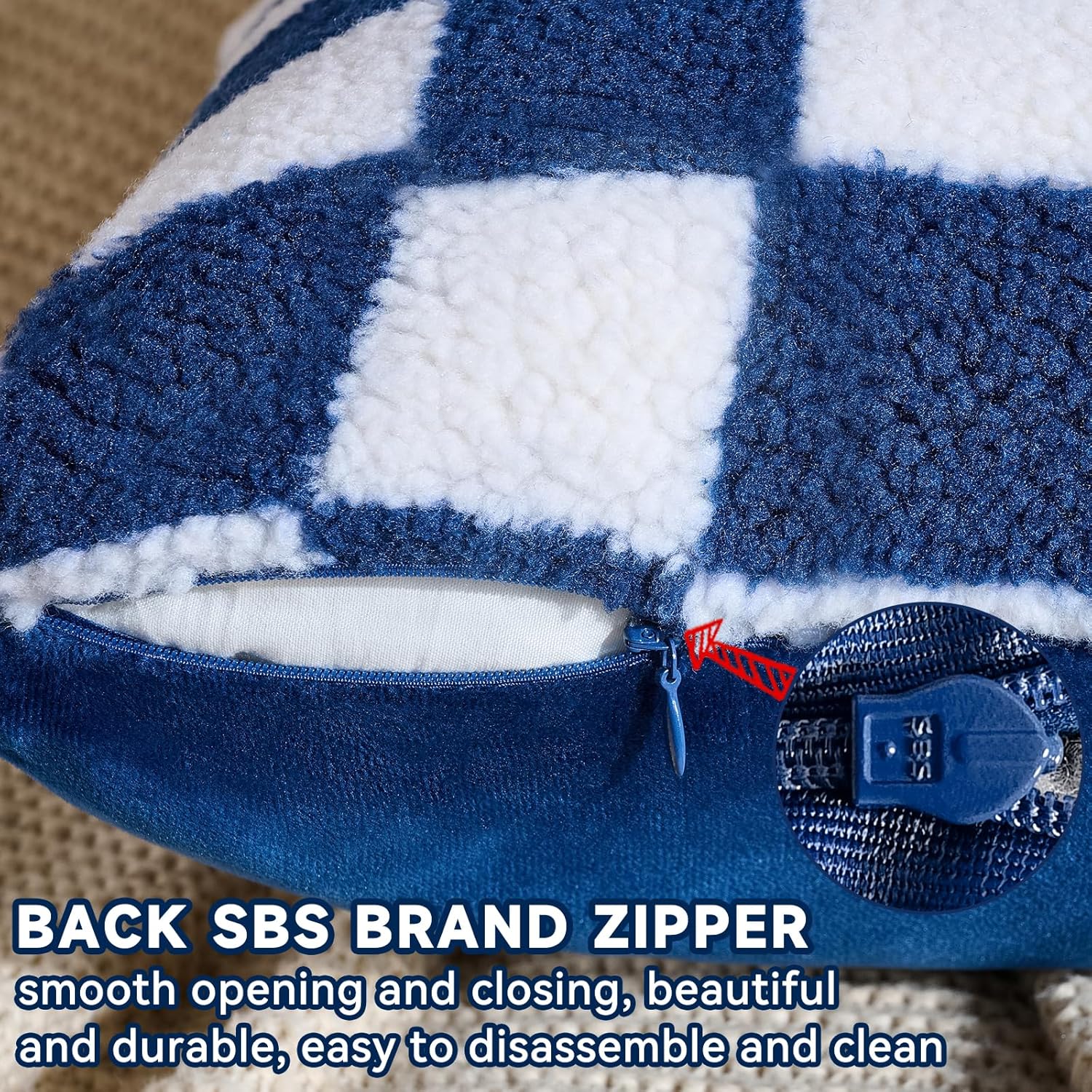 AmHoo Pack of 2 Decorative Throw Pillow Covers Checkerboard Luxury Super Soft Faux Fur Wool Set Case Cushion for Couch Sofa Bedroom 18 x 18-Inch Navy Blue