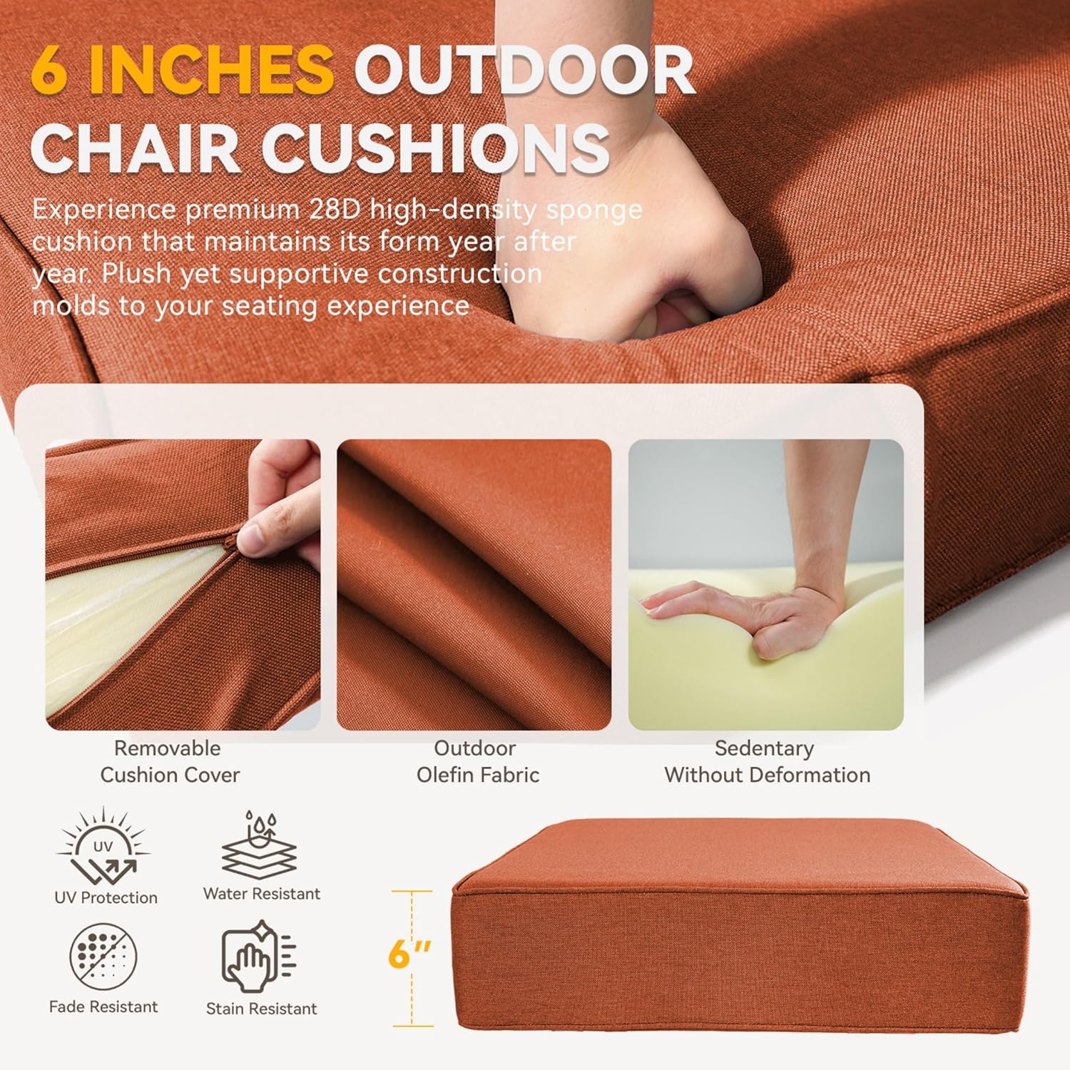 6" Thick Outdoor Chair Cushions - 24"* 24" Patio Furniture Cushions with Water Resistant & Removable Cover, 28D High Density Sponge Patio Cushion for Outdoor Furniture Couch Chair Orange
